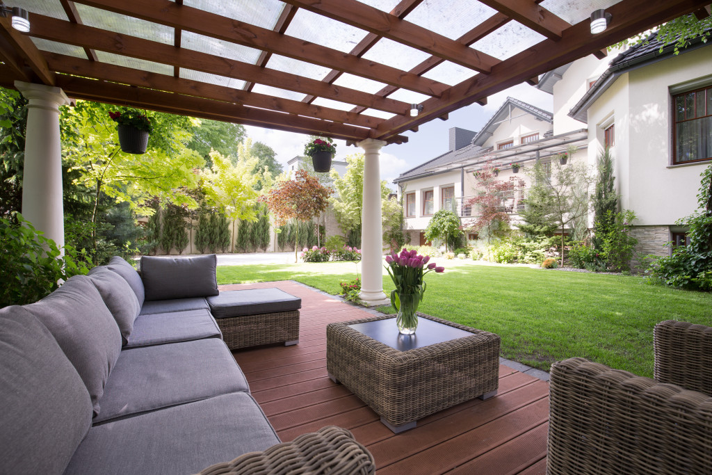 A wooden patio outside home